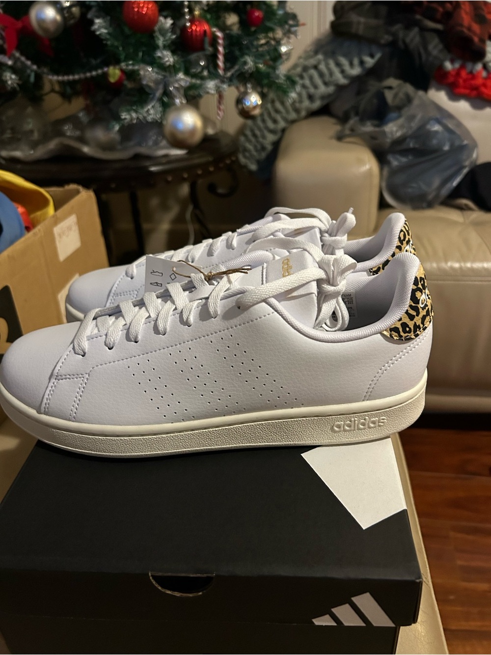 Women’s adidas White Sneakers with Leopard Heel Accent